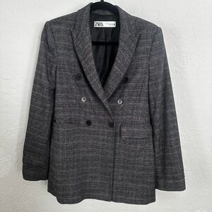Zara Gray Plaid Double Breasted Blazer XS